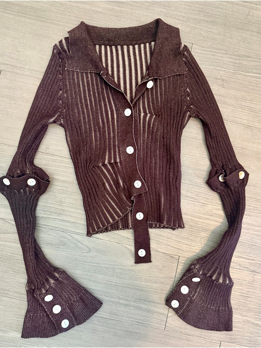 Ribbed Button Cardigan Collared Crop Top w/ Removal Flared Sleeves